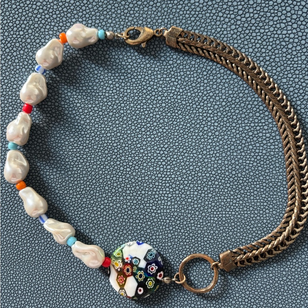 Anthropologie White and Blue Necklace with Floral Accents